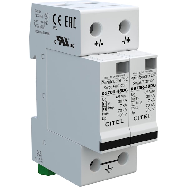 Citel DIN Rail Dc Protector, 48Vdc, 2W+G, 70Ka Imax, Ul1449 Type 4Ca DS72RS-48DC - main